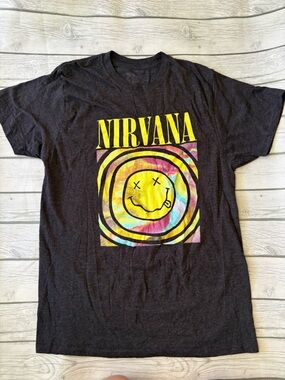 NIRVANA Black Tee with Yellow Tie-Dye Smiley Graphic